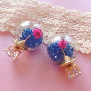 Glass Ball Stud Earrings (Blue Rhinestones)